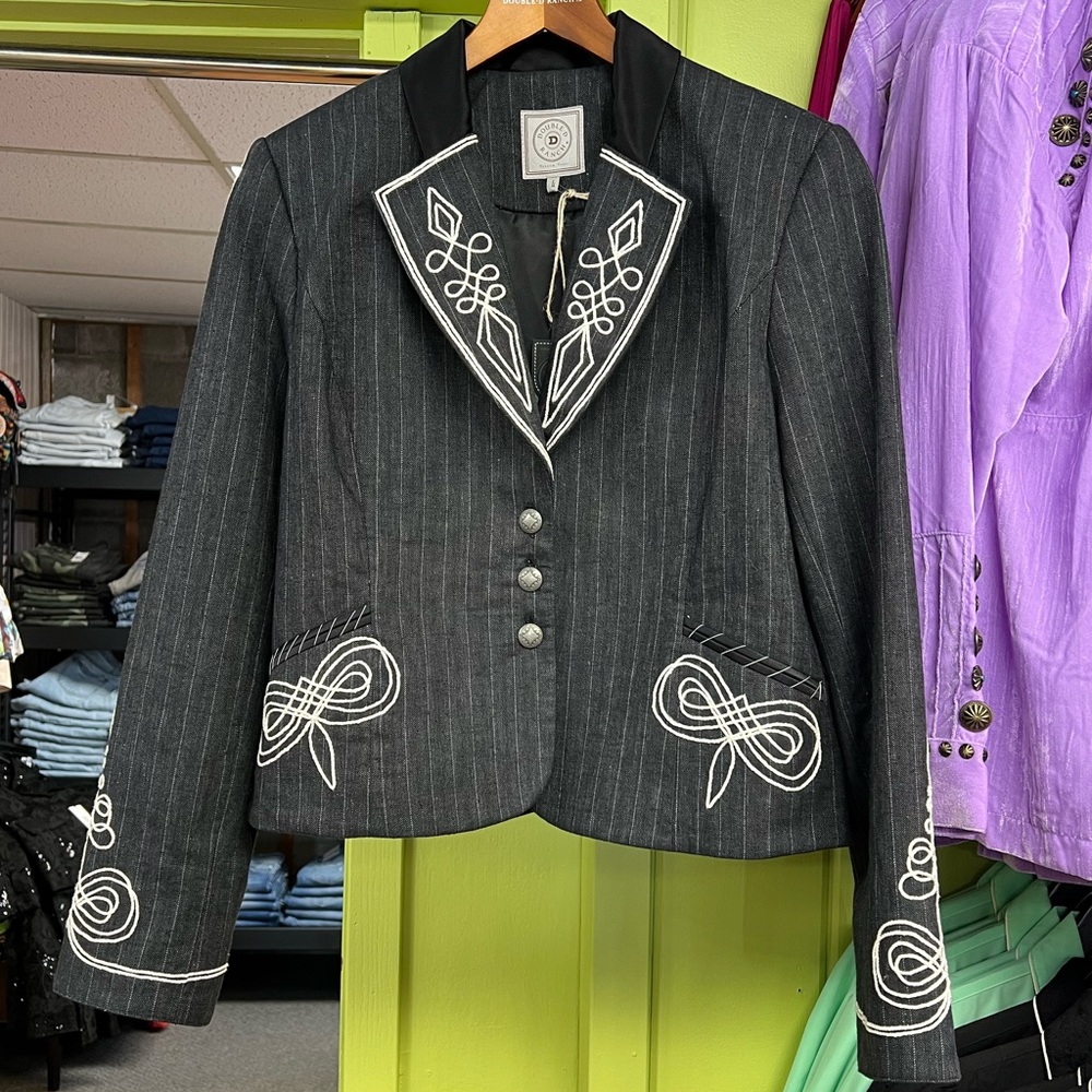 Double D Ranch Black Pinstripe Blazer with White Embroidery